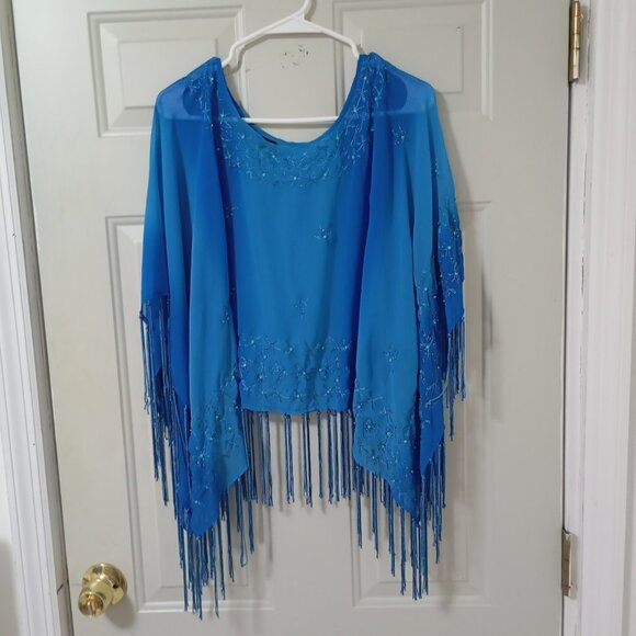 Zero Zero Womens Open Knit Embroidered Poncho Size L Blue Fringe Boho Hippie - Picture 1 of 9
